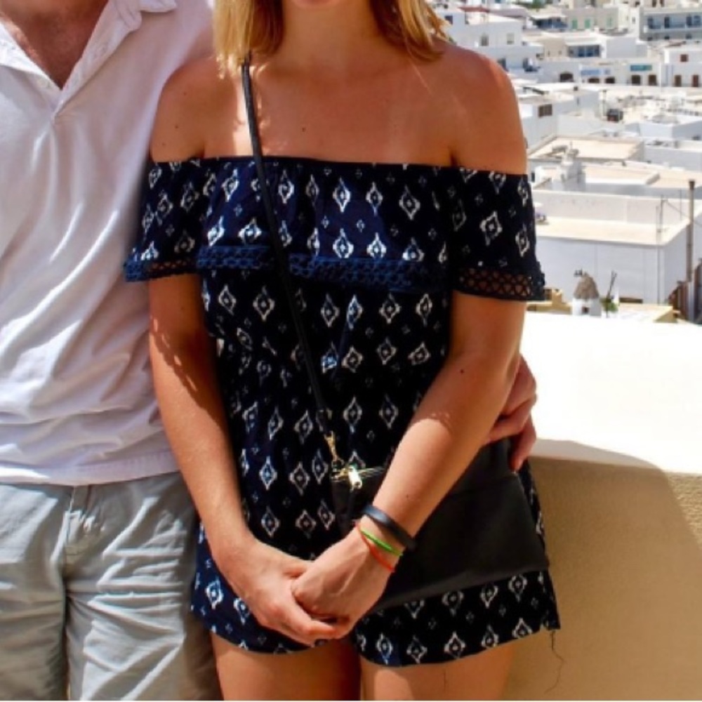 Windsor Casual Geometric Off Shoulder Romper with Lace trim in Navy